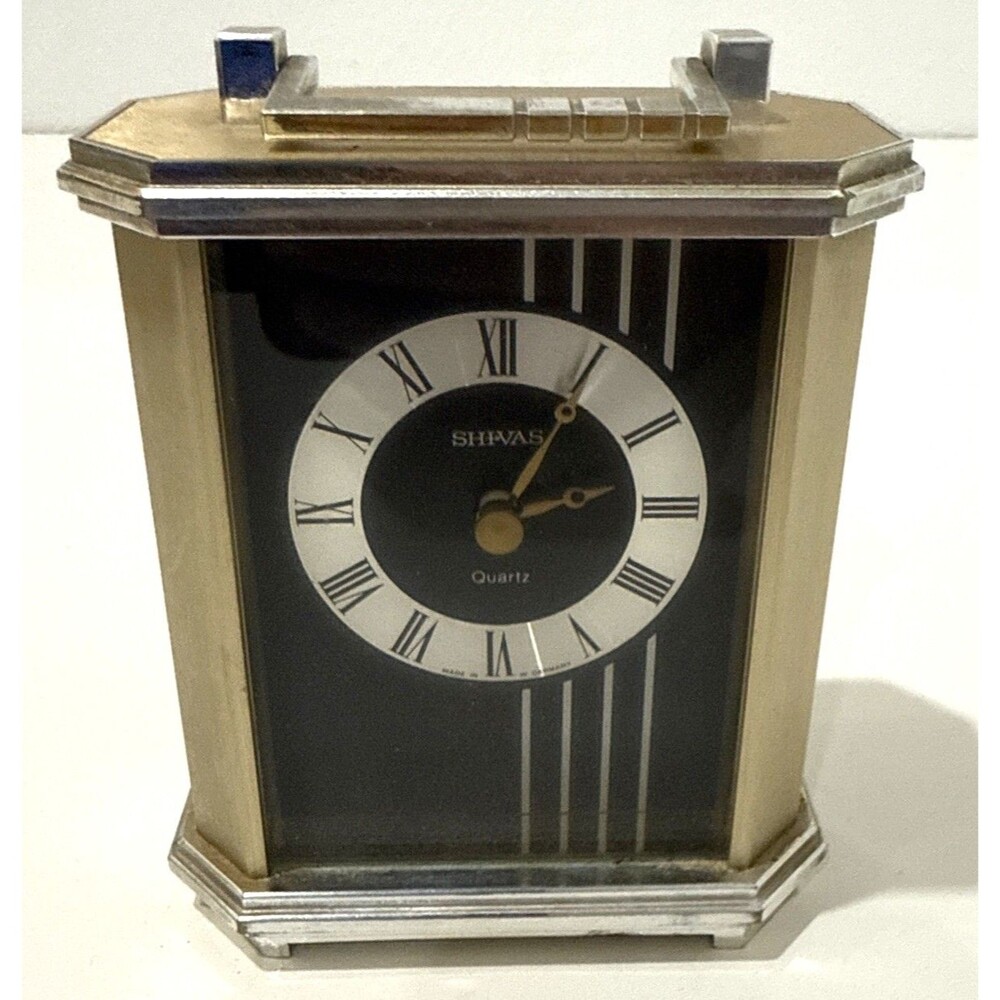 Vintage Shiva’s Quartz Mantel Table Clock Roman Numerals Gold Tone Silver Face
